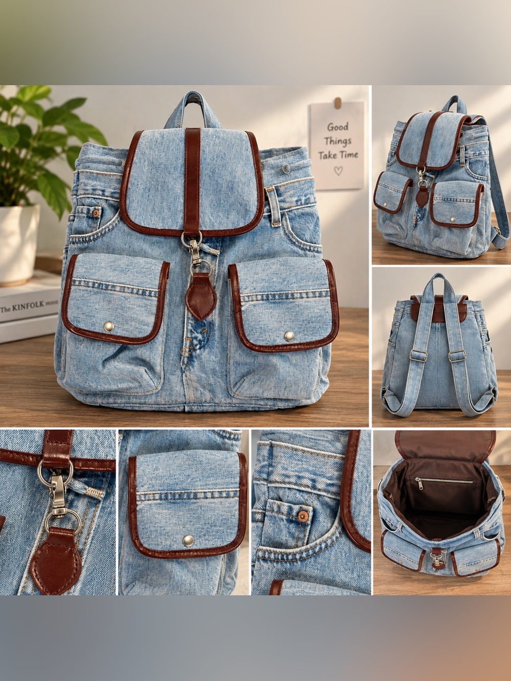 Levi's Light Blue Denim Backpack with Brown Trim